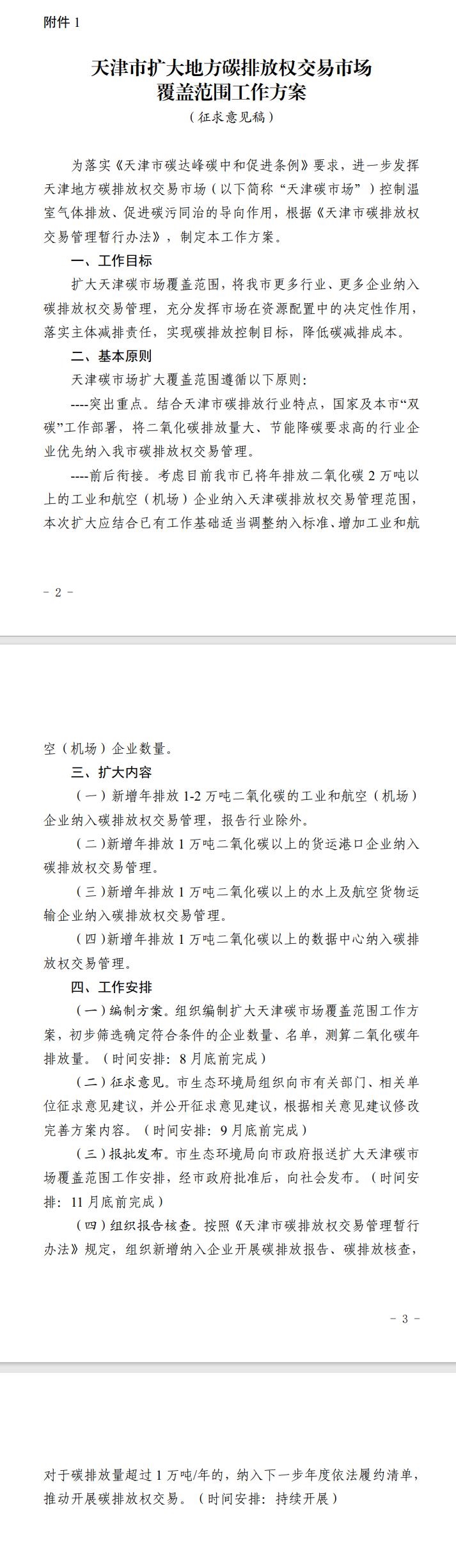《天津市擴(kuò)大地方碳排放權(quán)交易市場(chǎng)覆蓋范圍工作方案(征求意見稿)》征求意見