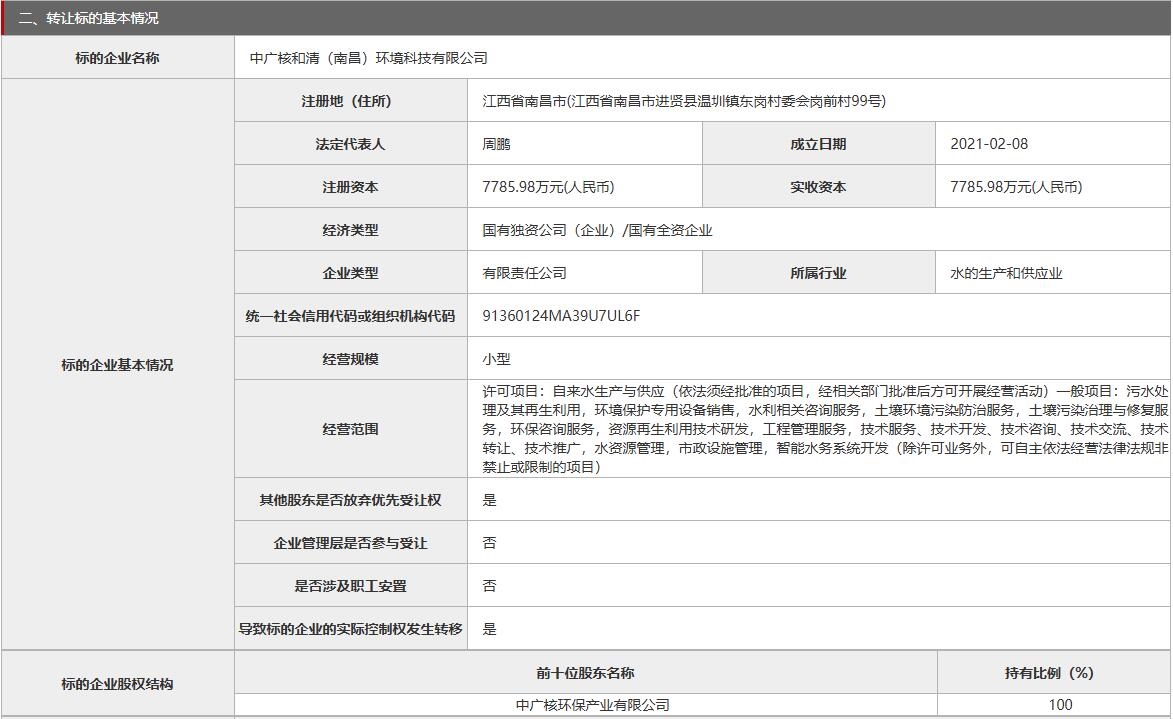 中廣核和清(南昌)環(huán)境科技有限公司100%股權(quán)轉(zhuǎn)讓，底價(jià)7700萬