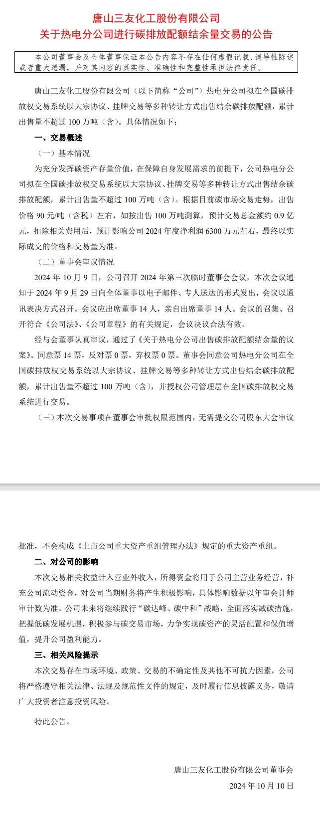 三友化工：熱電分公司擬出售不超過(guò)100萬(wàn)噸碳排放配額