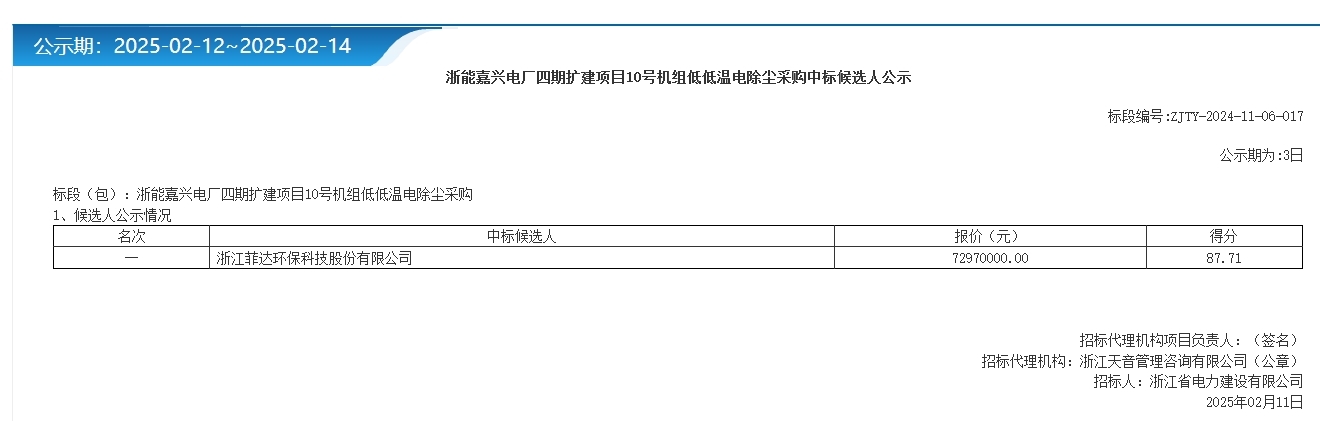 7297萬！菲達環(huán)保預(yù)中標(biāo)浙能嘉興電廠四期擴建項目10號機組低低溫電除塵采購