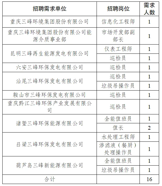 副部長(zhǎng)、巡檢員、水處理工程師……重慶三峰環(huán)境集團(tuán)公開招聘
