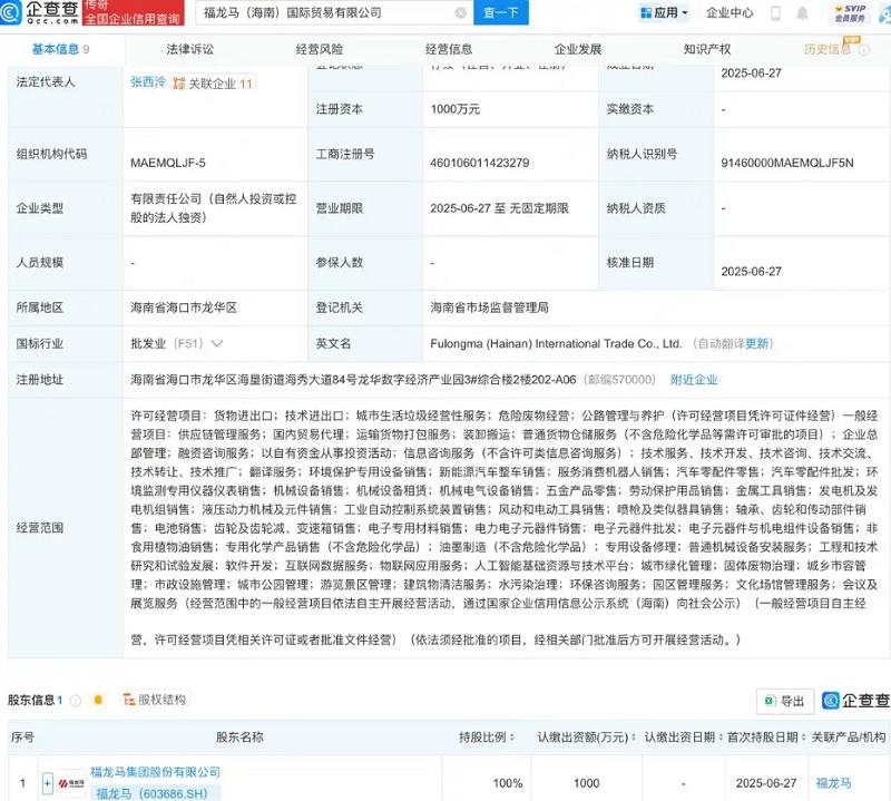 涉固廢環(huán)衛(wèi)業(yè)務(wù),福龍馬在海南成立國(guó)際貿(mào)易公司